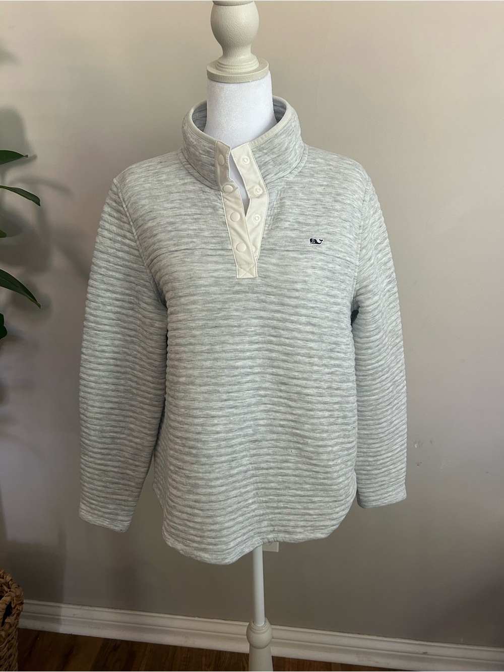 Vineyard Vines Heather Gray Channel Ribbed Snap Pullover- Size Medium
